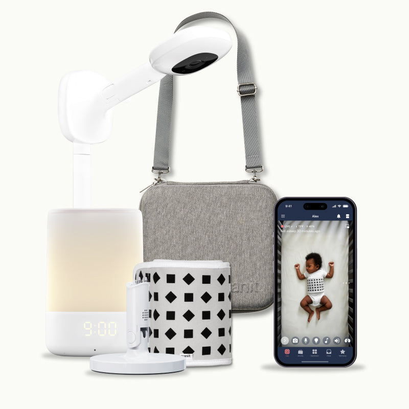nanit pro camera with wall mount, nanit sound + light, flex stand, breathing band, traveling light case in heather gray oxford, and nanit app #mount_wall mount #color_heather gray oxford
