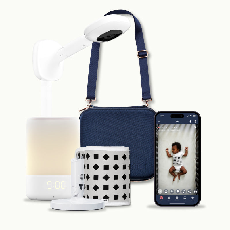 nanit pro camera with wall mount, nanit sound + light, flex stand, breathing band, traveling light case in blue oxford, and nanit app #mount_wall mount #color_blue oxford