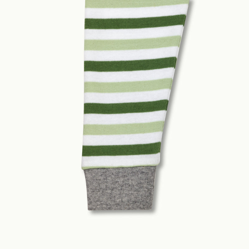 sleeve zoom in on Nanit Two-Piece Sleep Wear Holiday Pajamas in Evergreen Bold Stripe