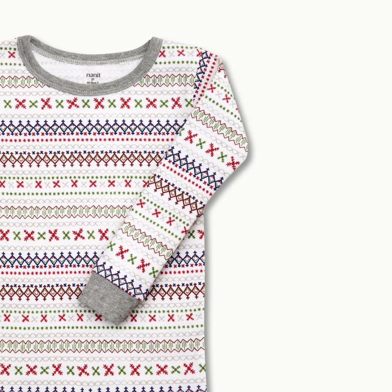 zoomed in on Nanit Two-Piece Sleep Wear Holiday Pajamas in Fair Isle