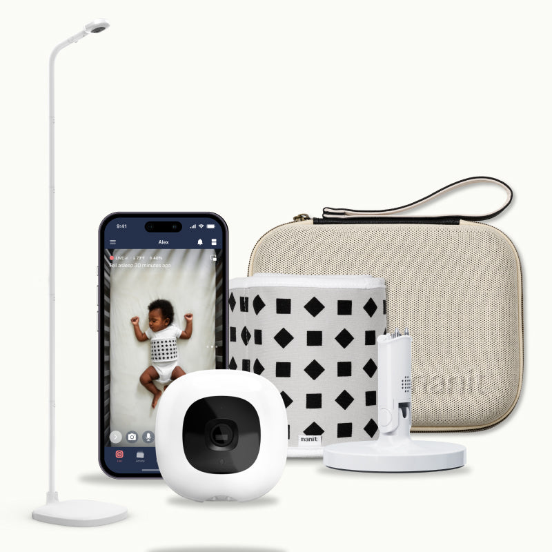 nanit pro camera floor stand, two tone canvas travel case, gray breathing band, flex stand, and nanit app showing dashboard #mount_floor stand #color_two tone canvas