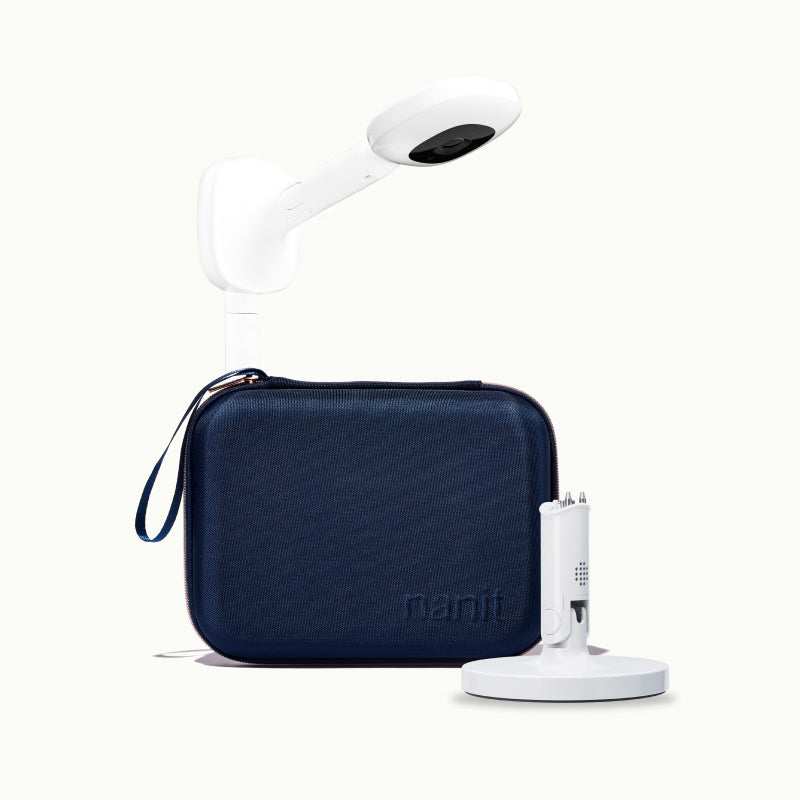 wall mount, flex stand, and travel case in blue