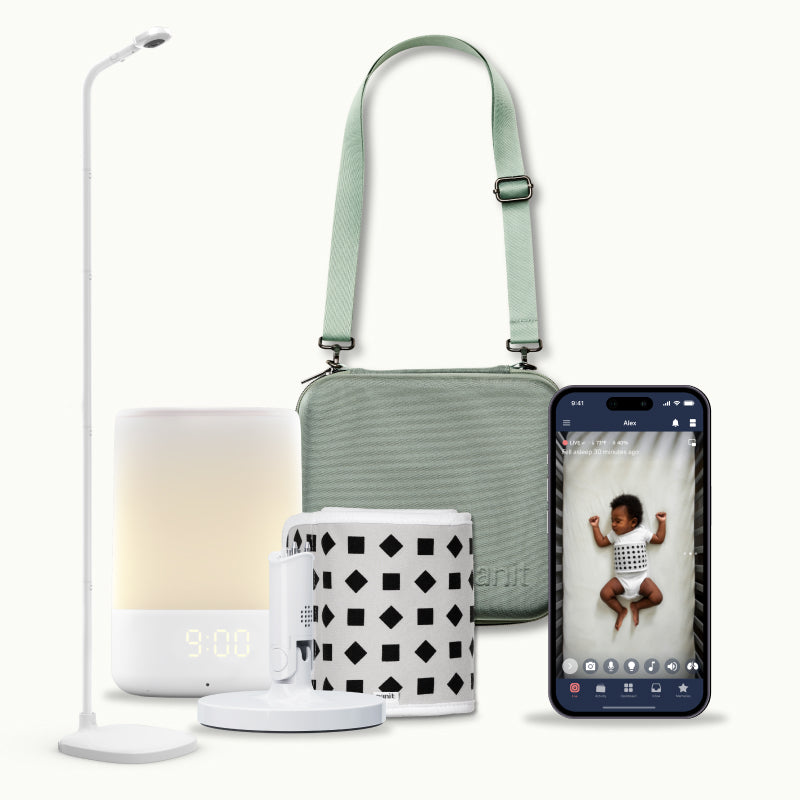 nanit pro camera with floor stand, nanit sound + light, flex stand, breathing band, traveling light case in green oxford, and nanit app #mount_floor stand #color_green oxford