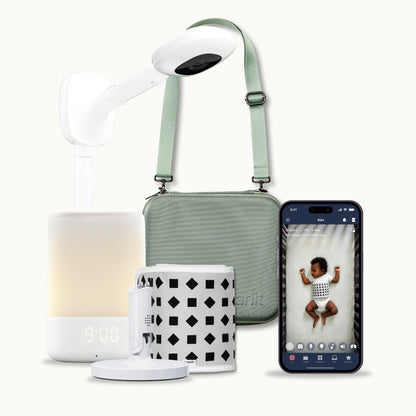 nanit pro camera with wall mount, nanit sound + light, flex stand, breathing band, traveling light case in green oxford, and nanit app 
