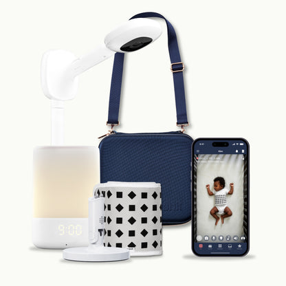 nanit pro camera with wall mount, nanit sound + light, flex stand, breathing band, traveling light case in blue oxford, and nanit app 