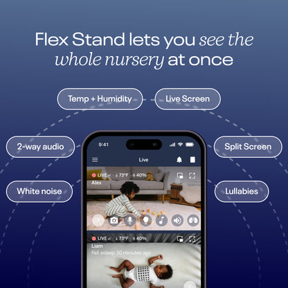 flex stand lets you see the whole necessary. Also includes white noise, 2- way audio, temp + humidity, live screen, split screen, and lullabies
