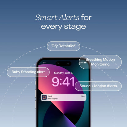 smart alerts for every stage - baby standing alert, cry detection, breathing motion monitoring, and sound + motion alerts