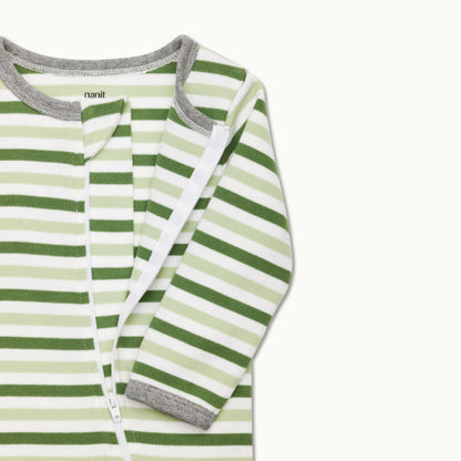 sleep wear pajama in evergreen bold stripe front view showing signature foot gripper 