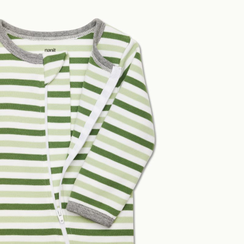 sleep wear pajama in evergreen bold stripe front view showing signature foot gripper 