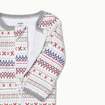 zoomed in on front view of pajama protective chin zipper guard in fair isle 