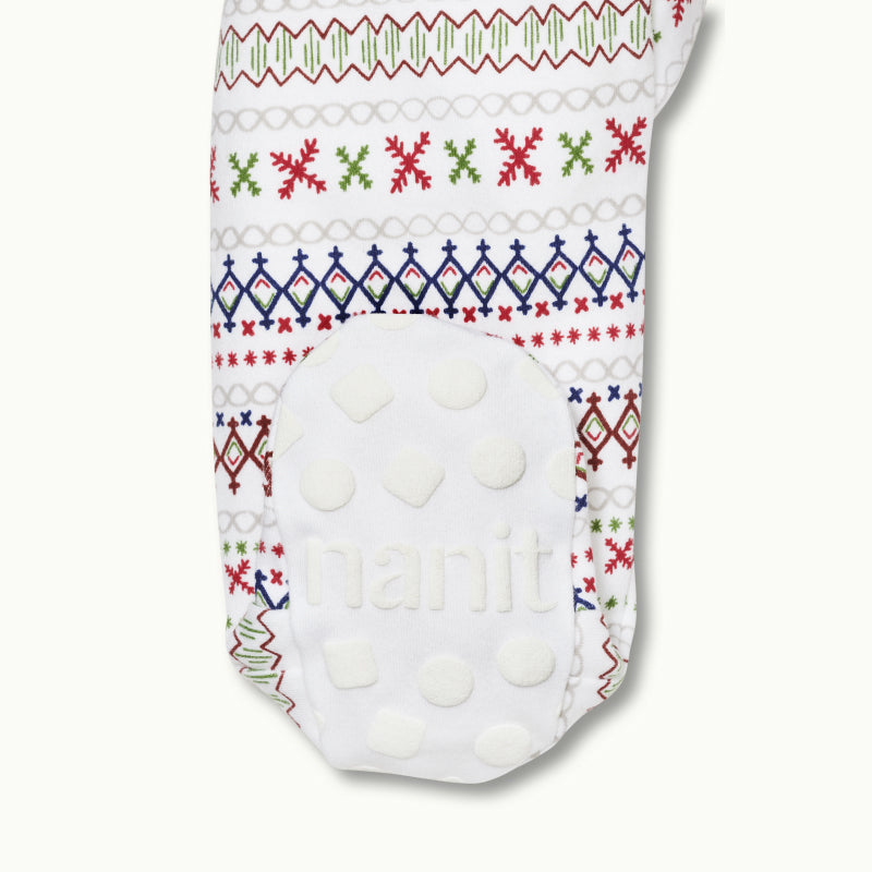 zoomed in on right feet in front view of sleep wear pajamas in fair isle showing signature foot gripper #color_fair isle