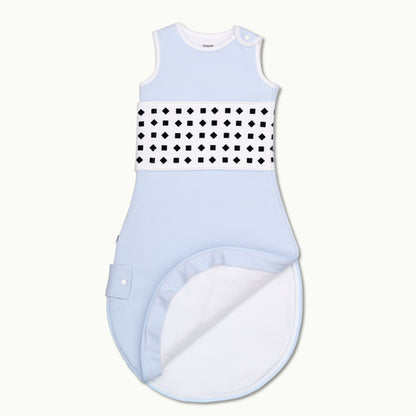 nanit powder blue breathing wear quilted sleeping bag front view and showing inside 