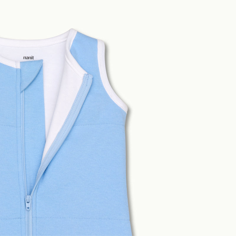 zoomed in on nickel-free snap tab zipper cover, plus protective chin zipper guard on sleeping bag in cornflower blue  #color_cornflower blue