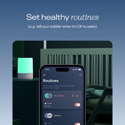 set healthy routines (e.g. tell your toddler when it's OK to wake) - showing routines screen on sound + light app