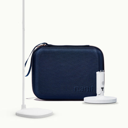 floor stand, flex stand, and travel case in blue 
