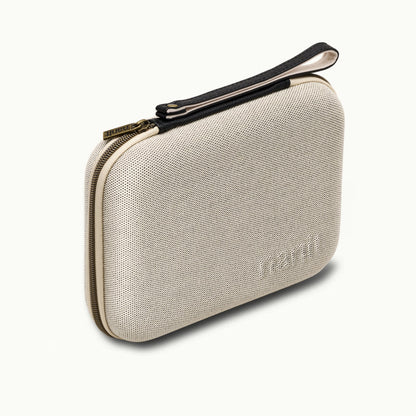 angled image of two tone canvas travel case 