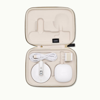 inside two tone canvas travel case with pro camera, flex stand, and power adapter 